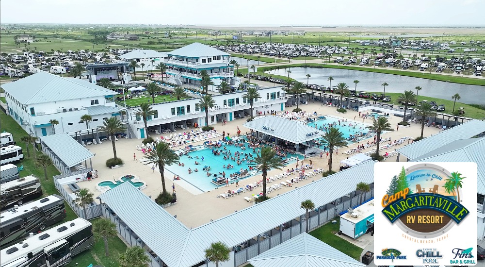 Aerial view of the Crystal Beach RV resort and pool